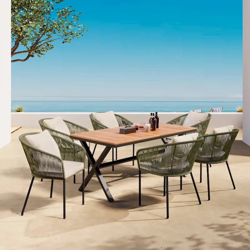 7 Pieces Patio Dining Set, All-Weather Outdoor Furniture Set with Dining Table and Chairs, Acacia Wood Tabletop, Metal Frame