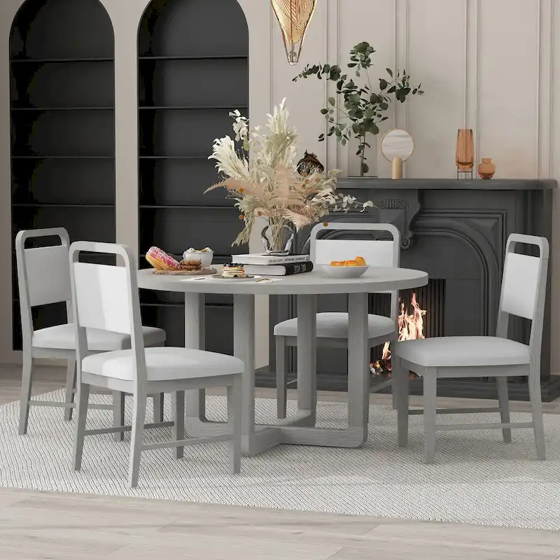5 Piece Dining Table and Chair Set, Wooden Kitchen Dining Table Set with Round Dining Table and 4 Upholstered Chairs