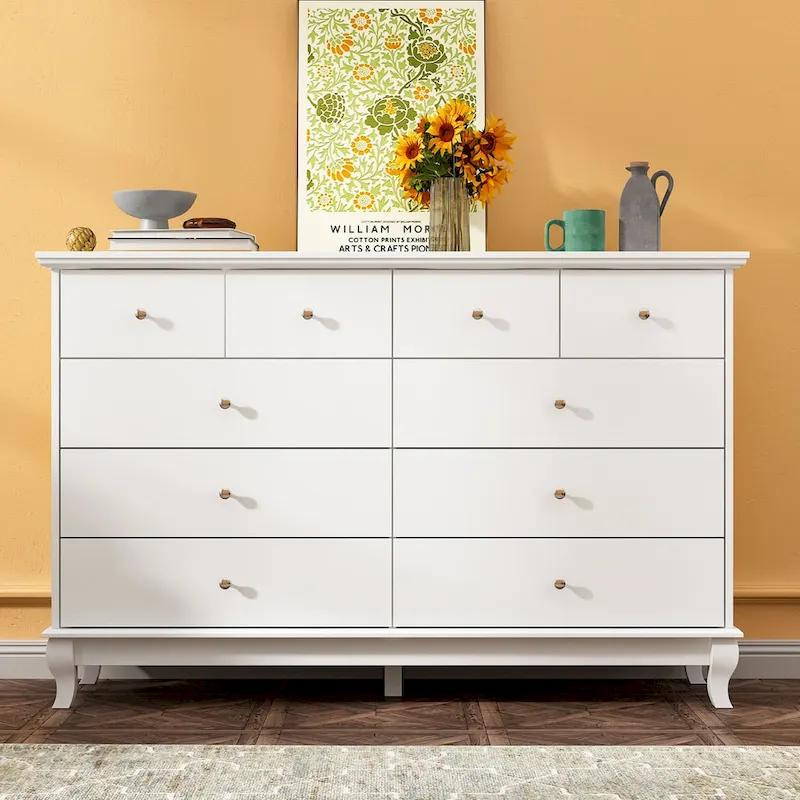 55-Inch Wide White Lacquer 10-Drawer Storage Dresser