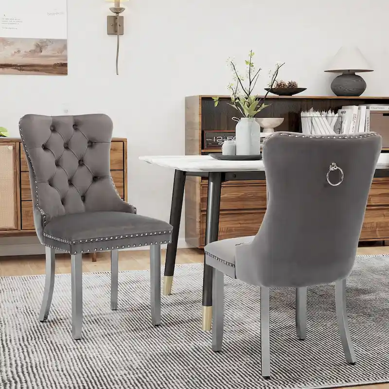 Upholstered Dining Chairs Set of 2 with Tufted Back and Nailhead Trim