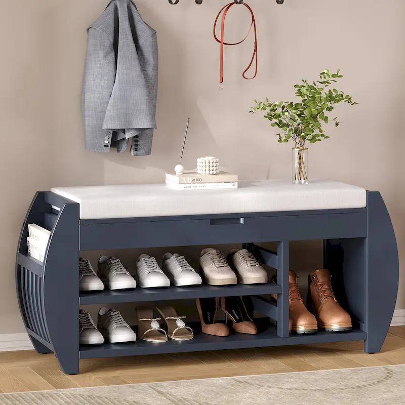 Multifunctional Storage Bench with Cushion and Curved Side Panel for Entrance and Living Room