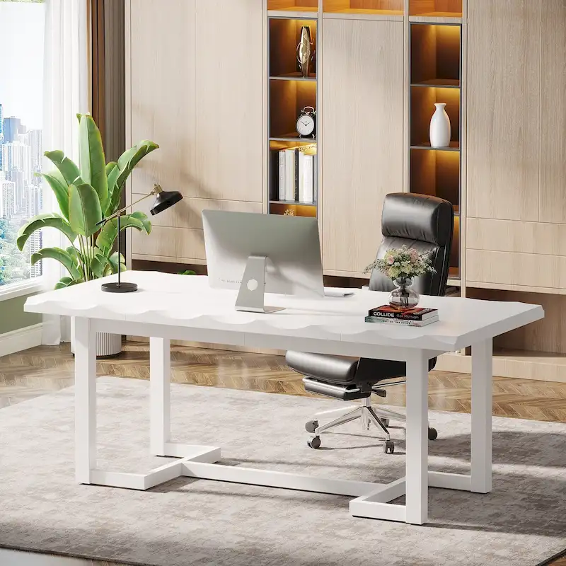 63 Inches Computer Desk, Rectangular Writing Table with Solid Wood Legs and Thickened Desktop