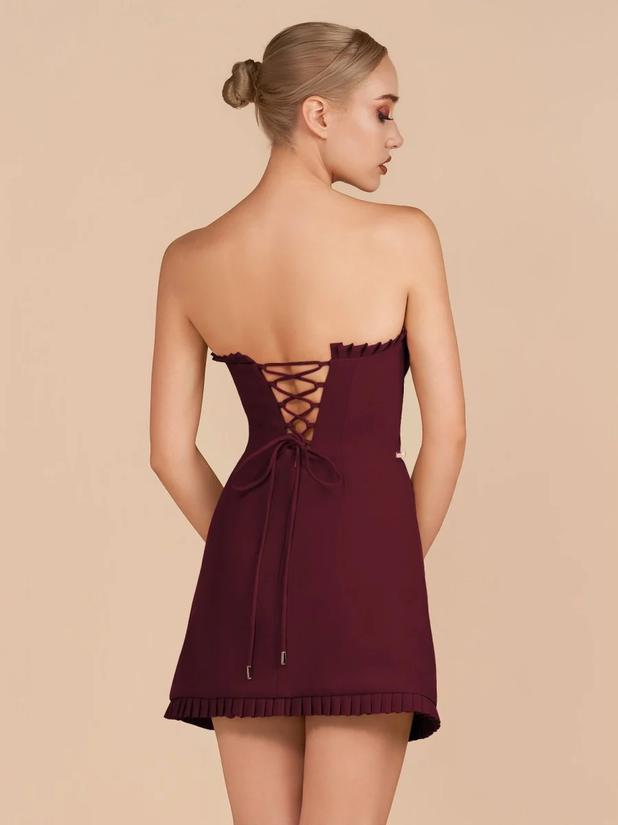 Burgundy - A-Line Strapless Ruffles Short Homecoming Dresses