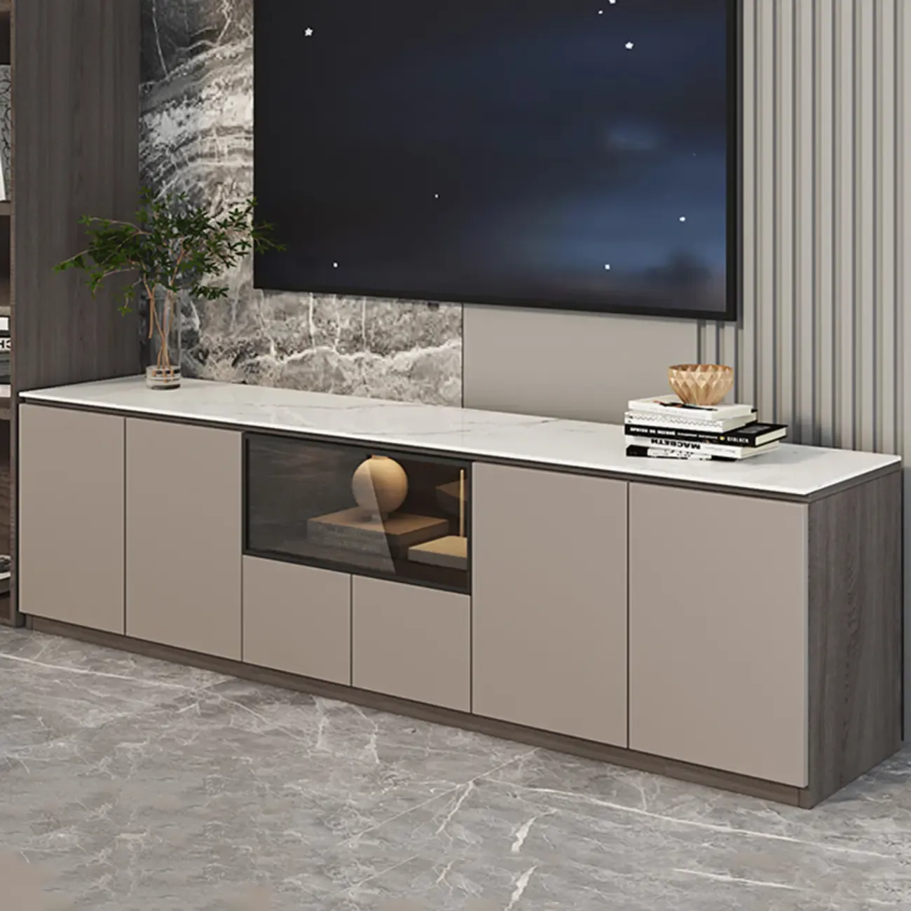 94 Dark Gray Stone Long Cabinet TV Stand with LED Lights