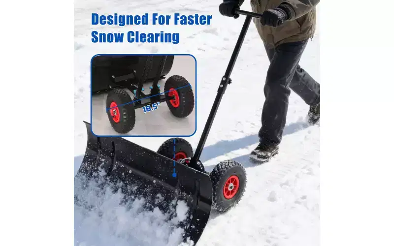 Snow Shovel with Wheels & Snow Pusher, Cushioned Adjustable Handle, 29 Blade, 10 Wheels (Black)