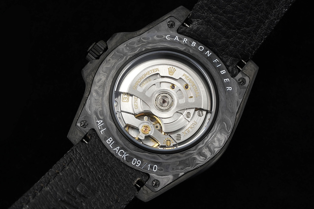 Clone 3285 movement exposed through carbon fiber caseback