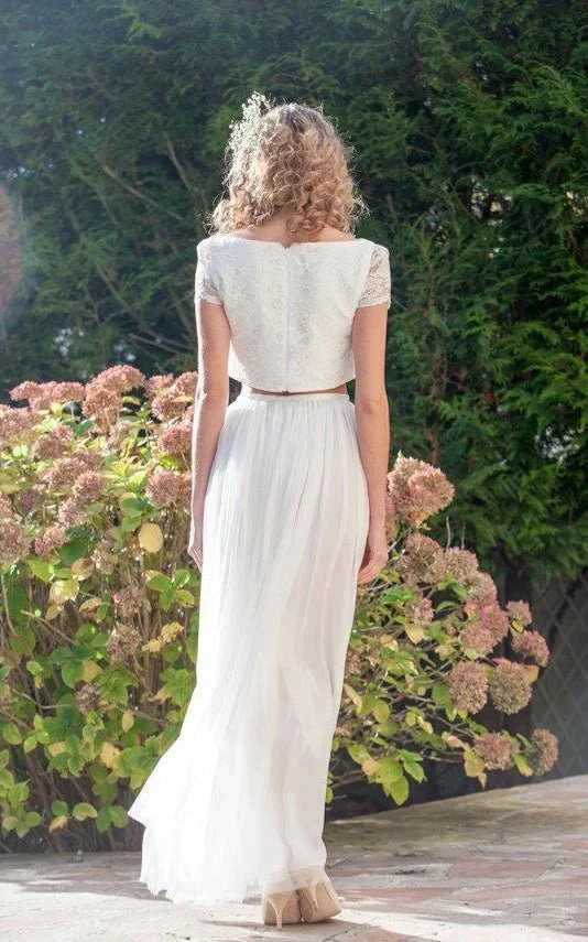 Two Piece Bateau Ankle-Length Chiffon Wedding Dress With Split Front And Pleats