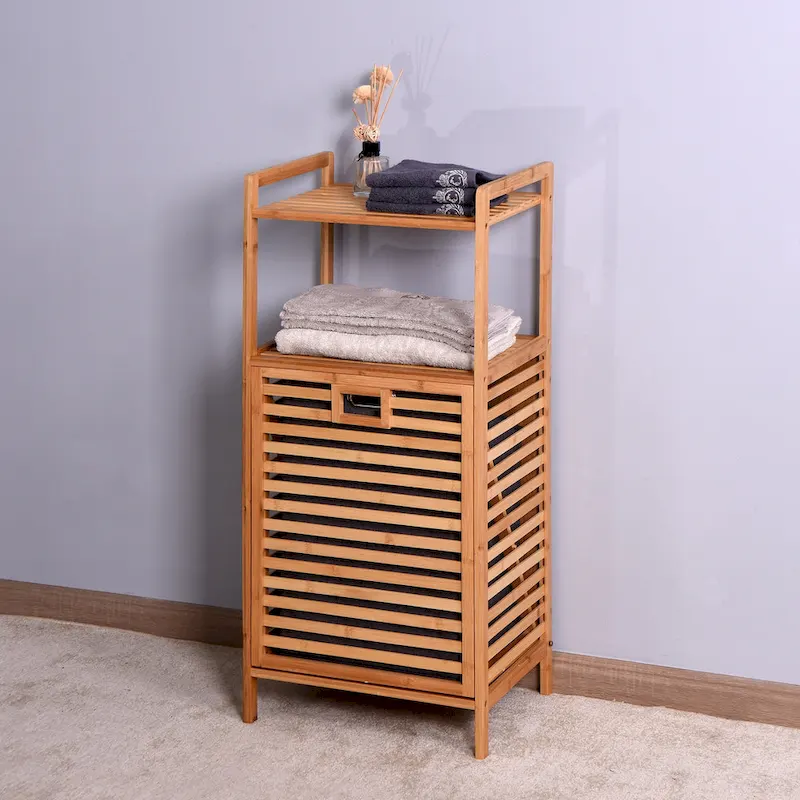 Bamboo Bathroom Laundry Storage Cabinet with 2-Tier Shelf, 17.32 x 13 x 37.8 Inch