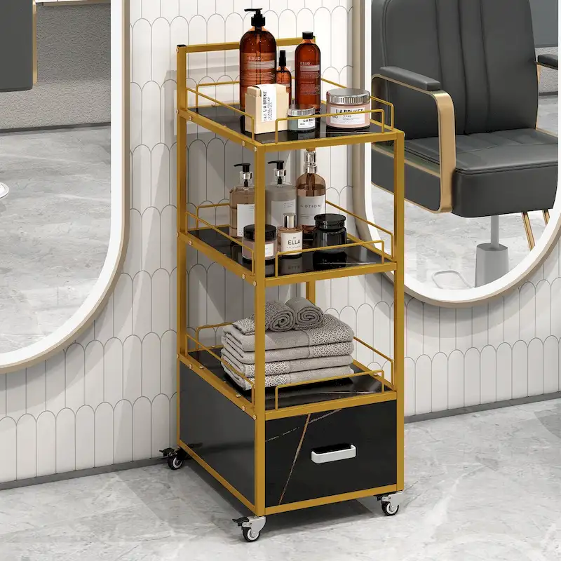 Gold Metal Frame 3-Tier Rolling Salon Cart with Drawer, Lockable Wheels – Black / White