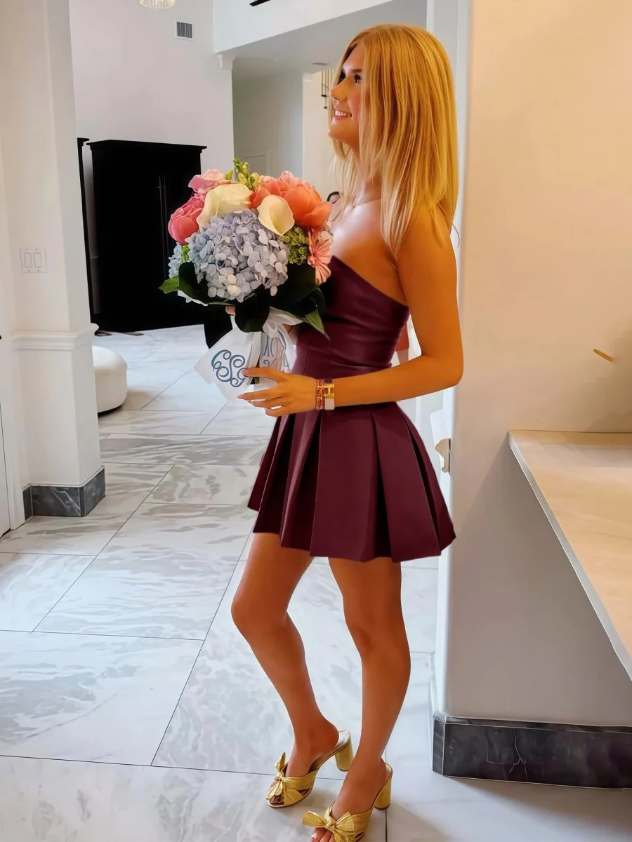 Burgundy - Strapless Satin Pleated A-line Short Homecoming Dress