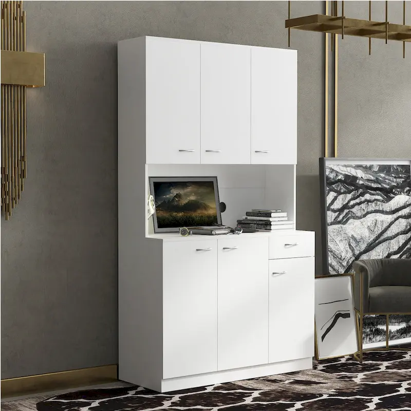 White Freestanding Kitchen Pantry Cabinet with 6 Doors, 1 Drawer & 1 Open Shelf