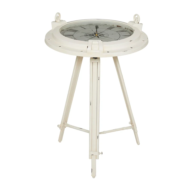 Compass-Themed Metal Accent Table — Featuring a Built-in Clock and Clear Glass Top (Available in White or Black)