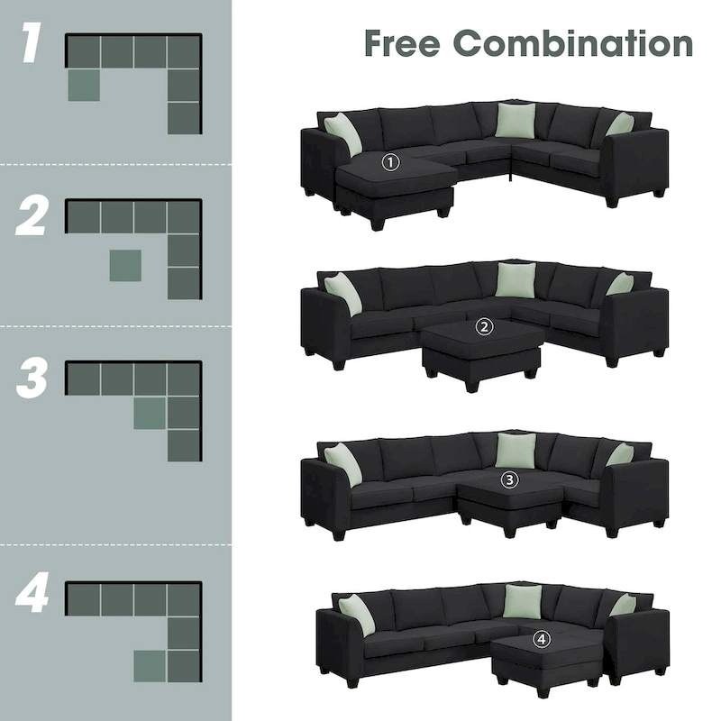 L-Shaped 7-Seats Modular Sectional Sofa with Ottoman with 3 Pillows