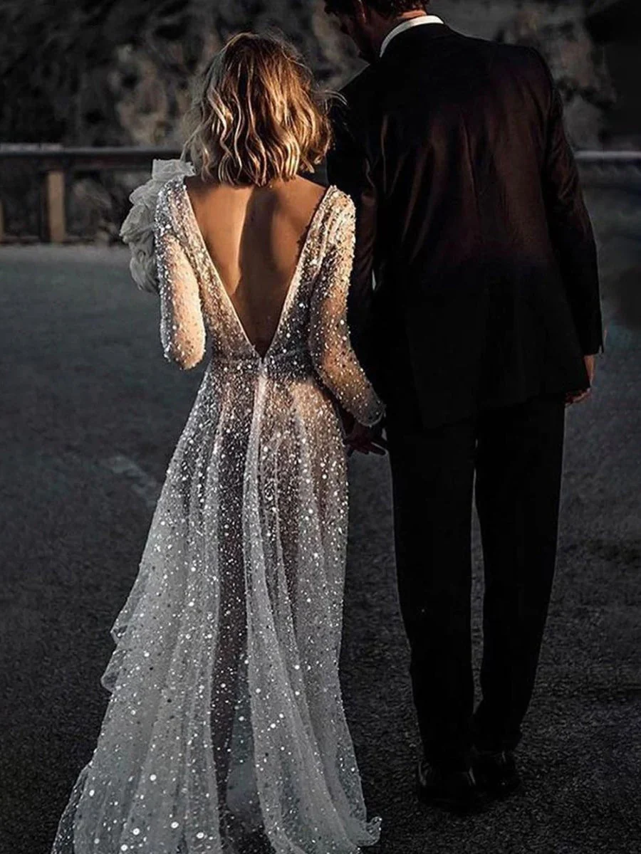 Bohemian A-Line Sparkly Sequined Luxury Wedding Dresses