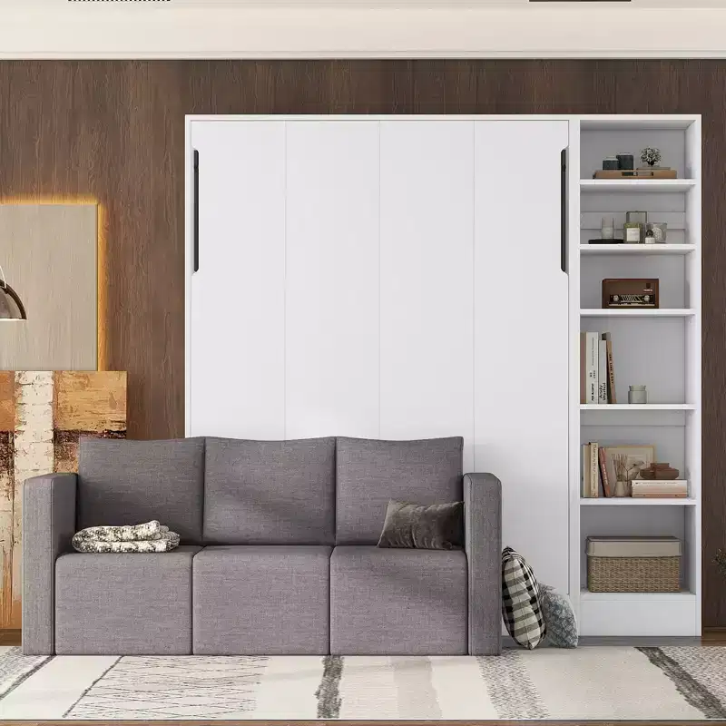 Full/Twin Size Murphy Bed Wall Bed with 3/2 Seat Sofa and Storage Shelves, White+Gray -ModernLuxe