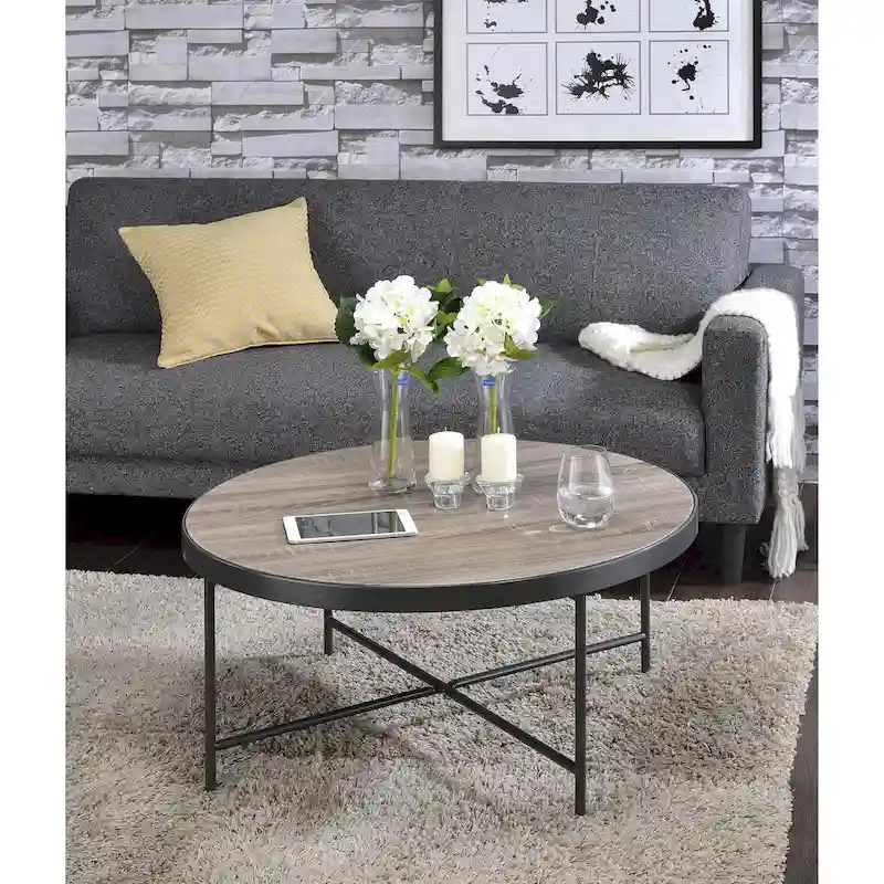 Round Farmhouse-Industrial Coffee Table – Weathered Grey Oak & Black Metal Frame