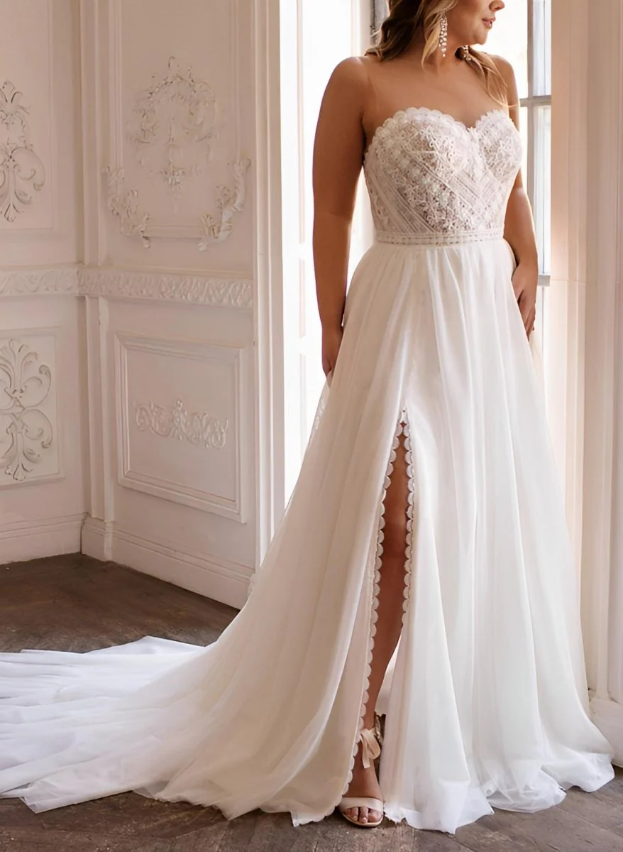 Plus Size Sweetheart Short Sleeves Sweep Train Chiffon Wedding Dresses
