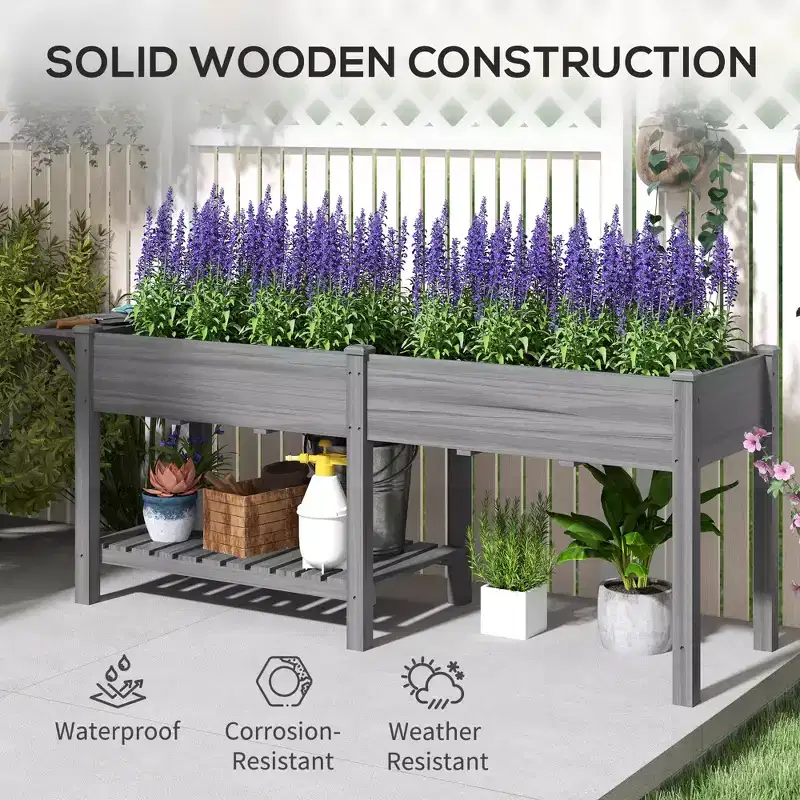 Outsunny Raised Garden Bed, Wood Elevated Planter Box with Side Table, Bottom Shelf, Bed Liners and Drainage Holes