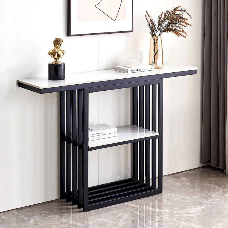 Console Table with Sintered Stone Top and Metal Frame, Black