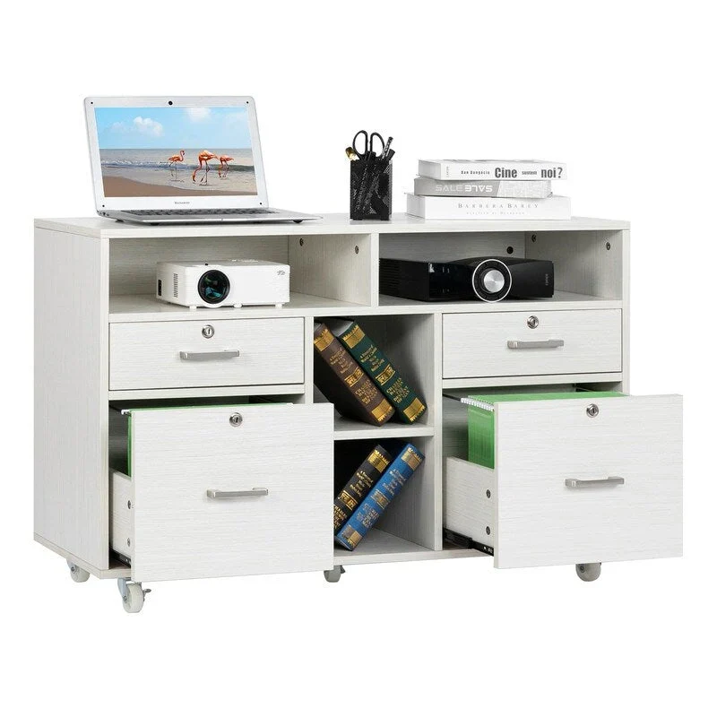4-Drawer Mobile Wood File Cabinet with Shelves and Locking Wheels