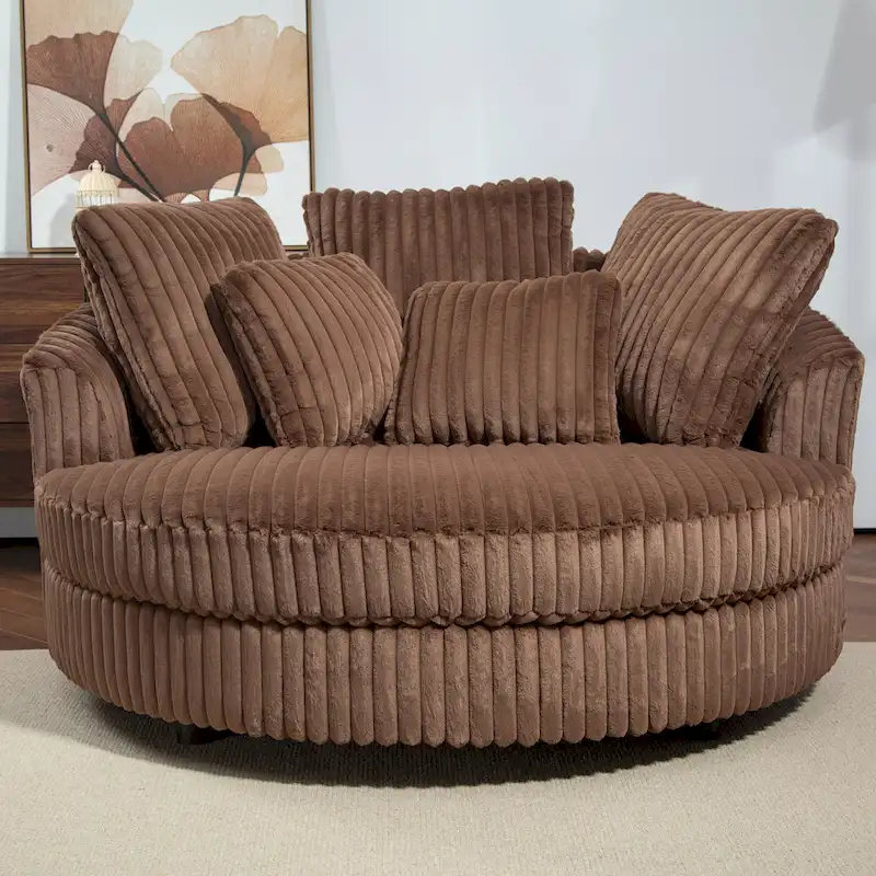 Modern Sofa Chair Round Accent Barrel Chair With 5 Pillows and Optional Ottoman