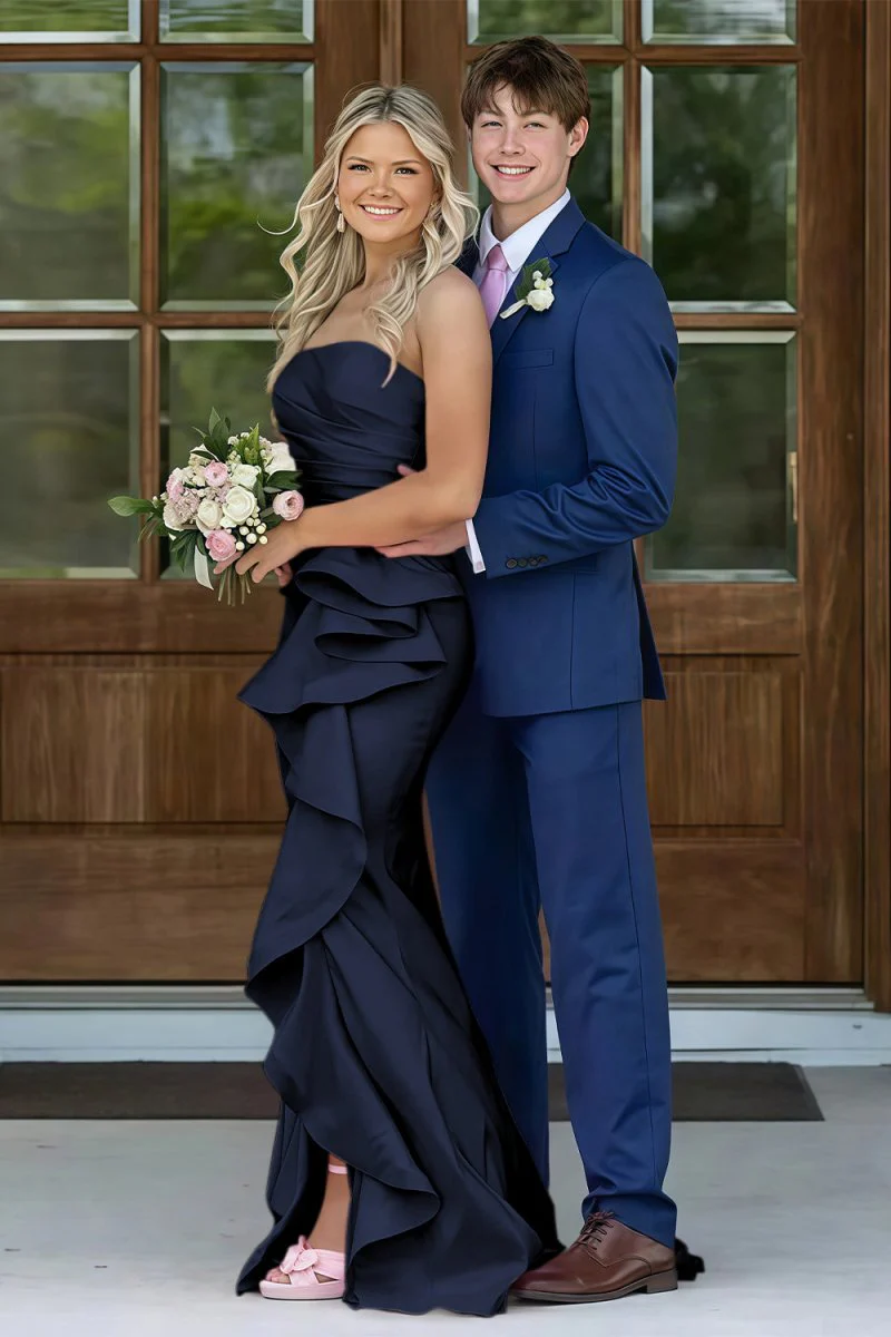 Pink Mermaid Strapless Satin Ruffled Long Prom Dresses with Slit