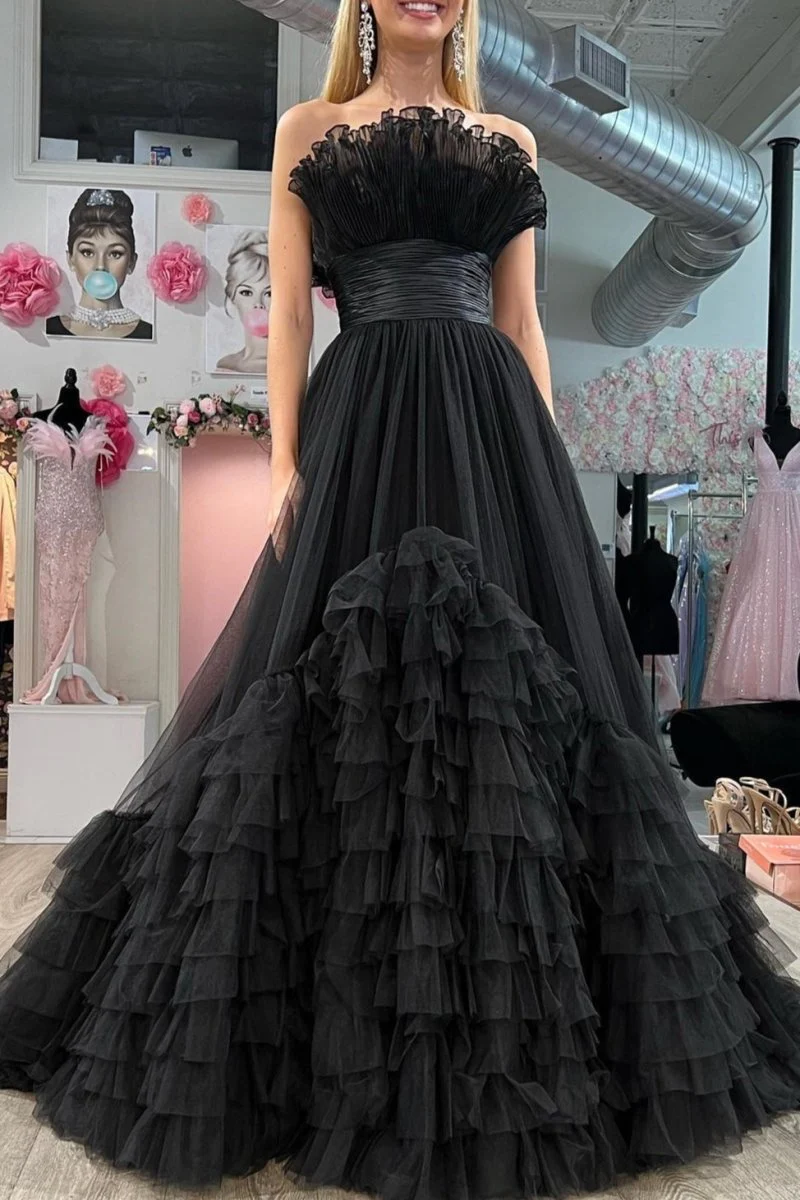 A-Line Strapless Pink Tiered Long Tulle Prom Dress