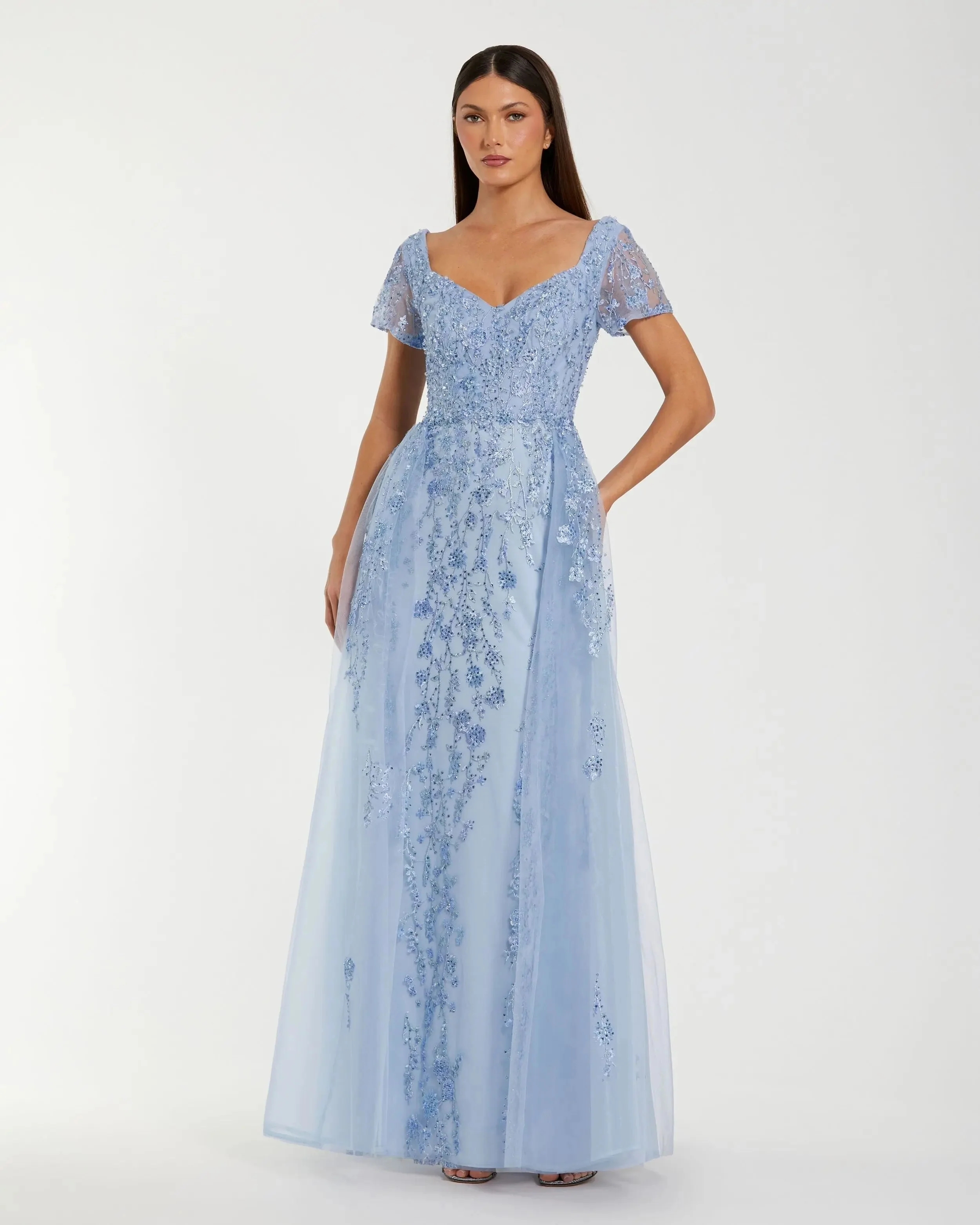Blue Embroidered Beaded A-Line Gown with Overskirt