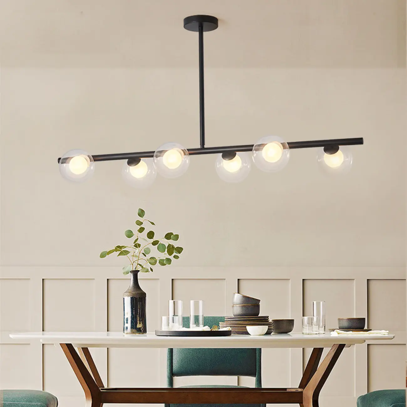 Gold Linear Island Light with 6 Lights Transparent Glass Globe Shades