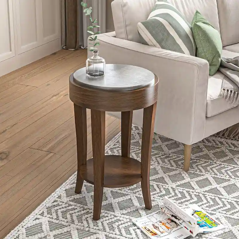 2-Tier Round Accent End Table with Shelf