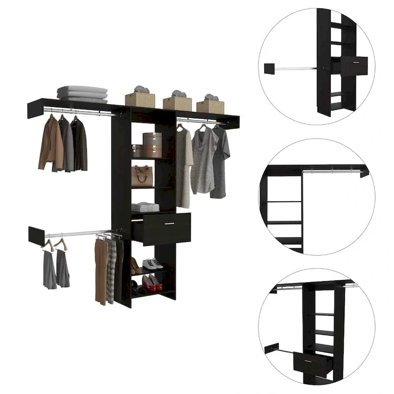 Cross Closet System with Drawer, 3 Metal Rods, and 5 Open Shelves