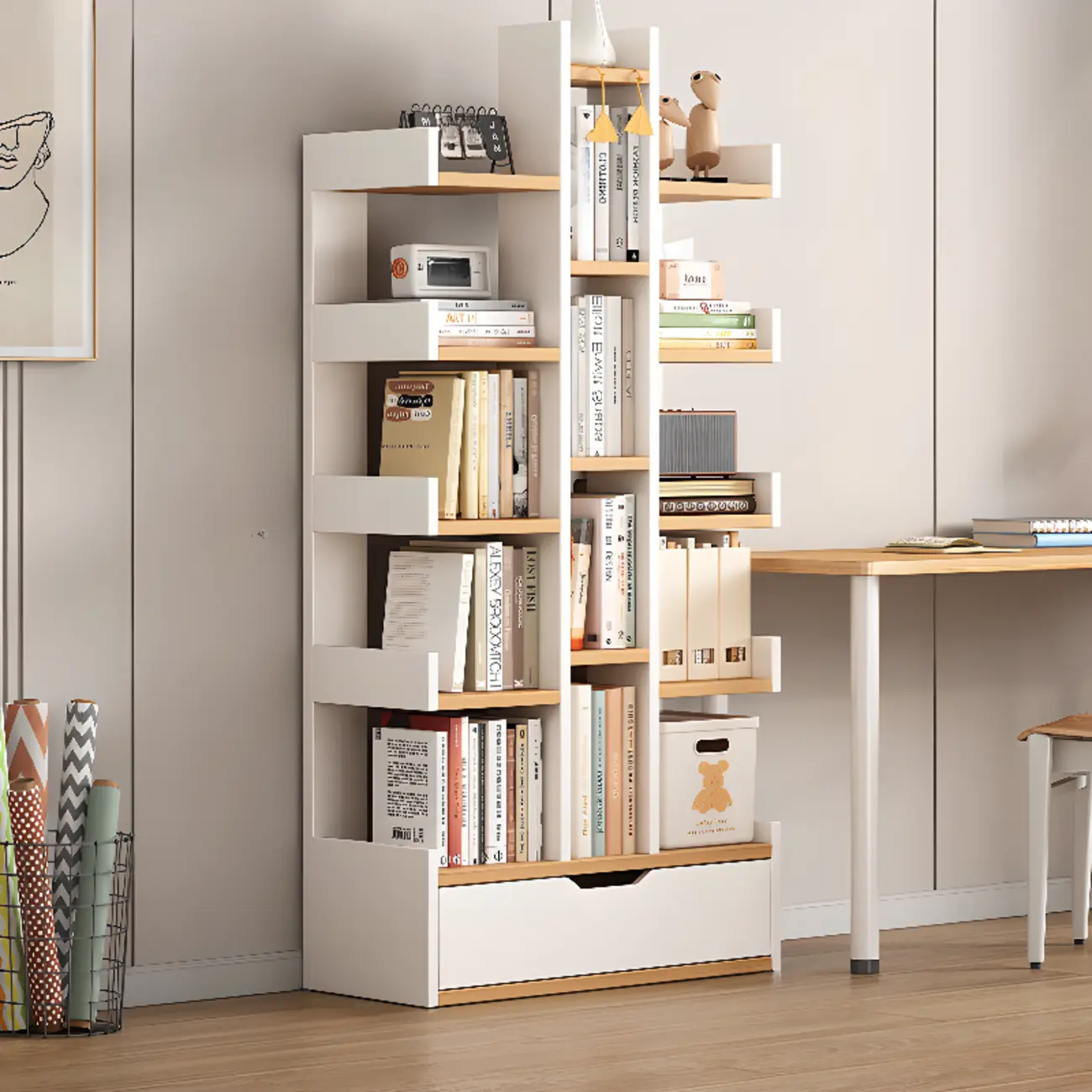 Modern Open Back 9 Shelves White Wooden Bookshelf