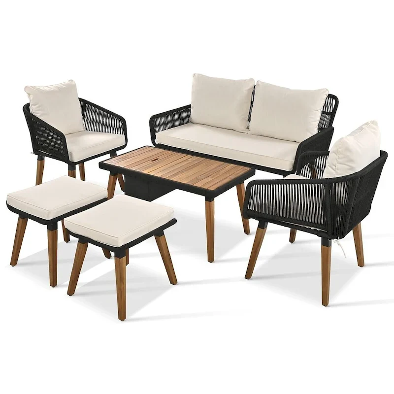 6 PCS Rope Outdoor Patio Furniture Set for 6 with Two Stools, Cool Bar Table Combo