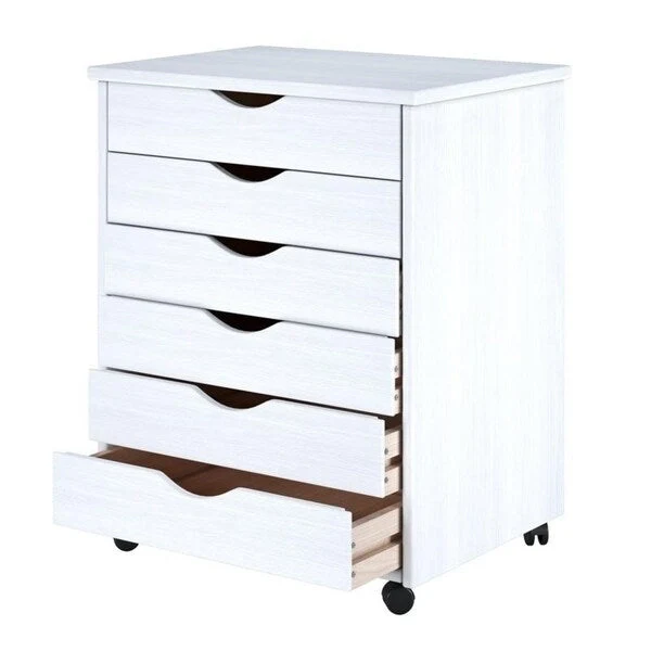 White Painted Solid Pine 6-Drawer Wide Rolling Cart with Caster Wheels – Single