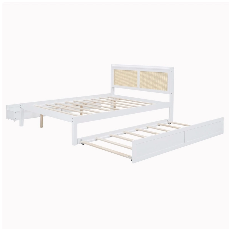 Elegant Bed Frame with Rattan Headboard and Sockets