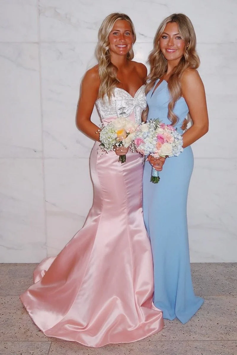 Pink Mermaid Satin Strapless Long Prom Dresses with Beaded Bow