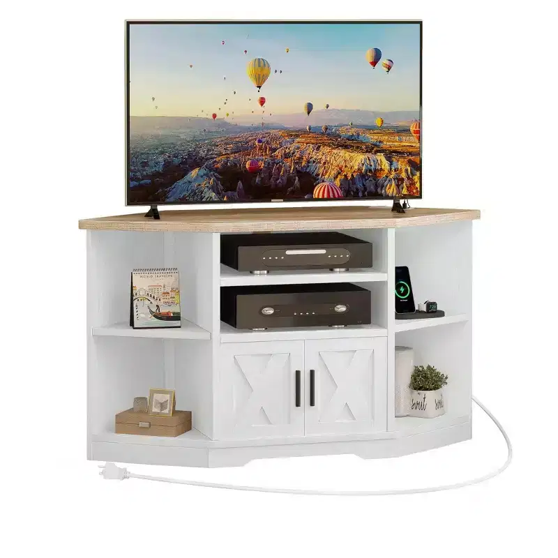 Farmhouse Corner TV Stand for 50 Inch TV, Entertainment Center with Storage and Power Outlet , TV Console Cabinet for Living Room