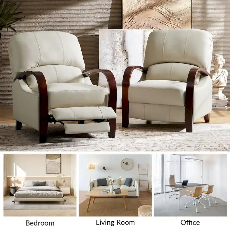 Alex Mid-century Modern Cigar Genuine Leather Manual Recliner with Wooden Curved Arms, Set of 2