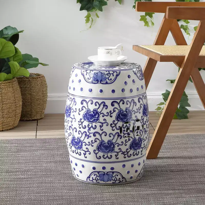 JONATHAN Y Lotus Flower 17.8 Chinoiserie Ceramic Drum Garden Stool/Accent Table, Blue/White