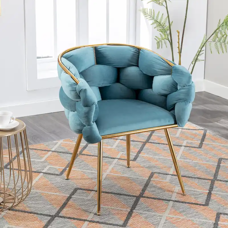 Blue Velvet Accent Chair with Gold Metal Legs – Modern Style, Seats 1