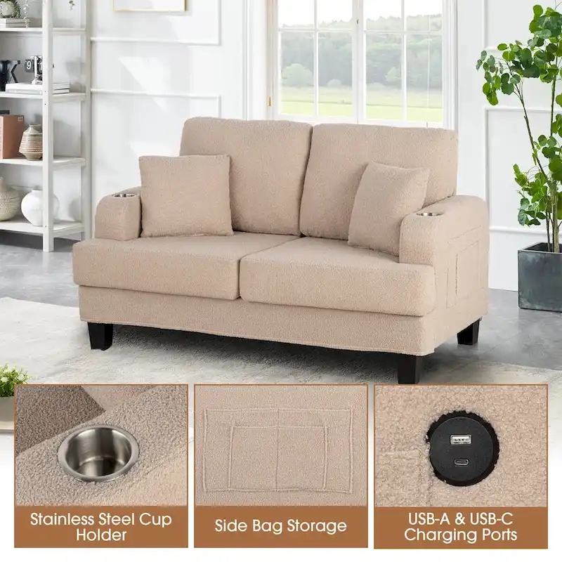 61 Small Beige Loveseat Sofa with 2 Pillows and Cup Holder