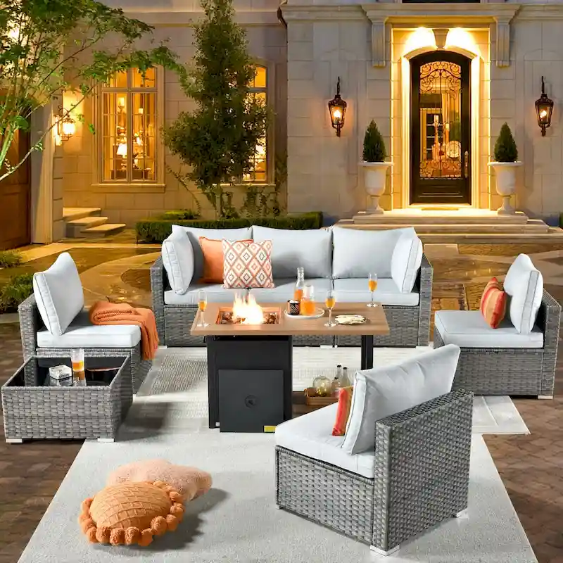 XIZZI 8-piece Outdoor Furniture Patio Wicker Sofa Set with Fire Pit