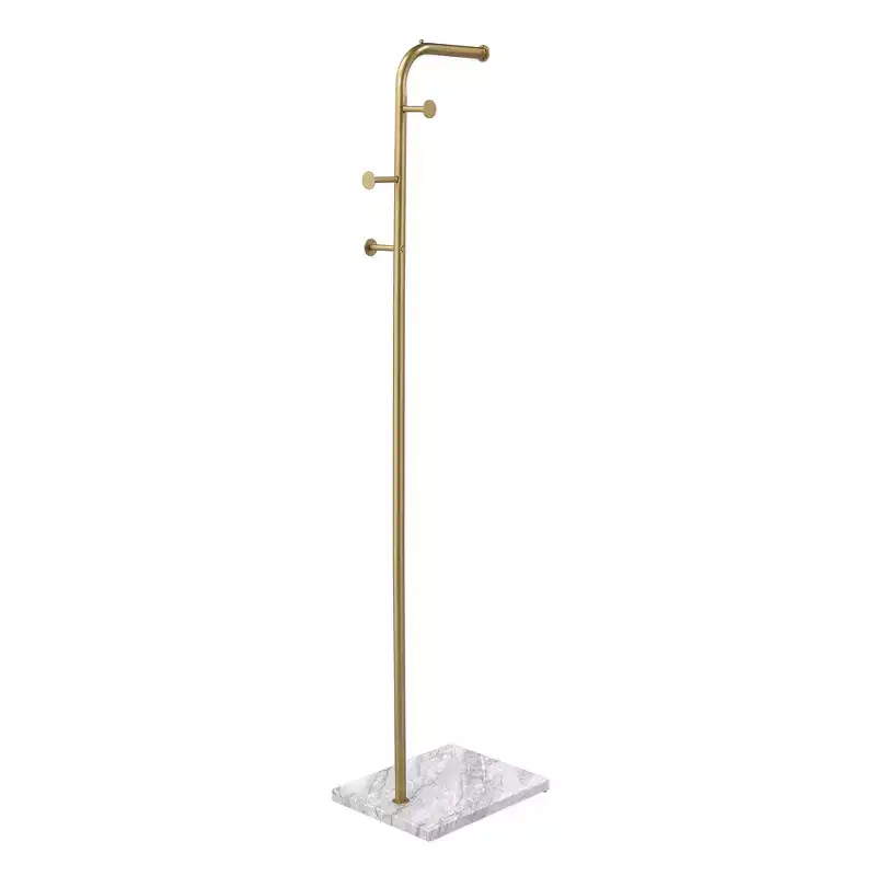 Kings Brand Furniture L Shape Coat Rack Contemporary Metal with Marble Base Slim Vertical Frame Peg Hooks for Bedroom Entryway Finish Gold