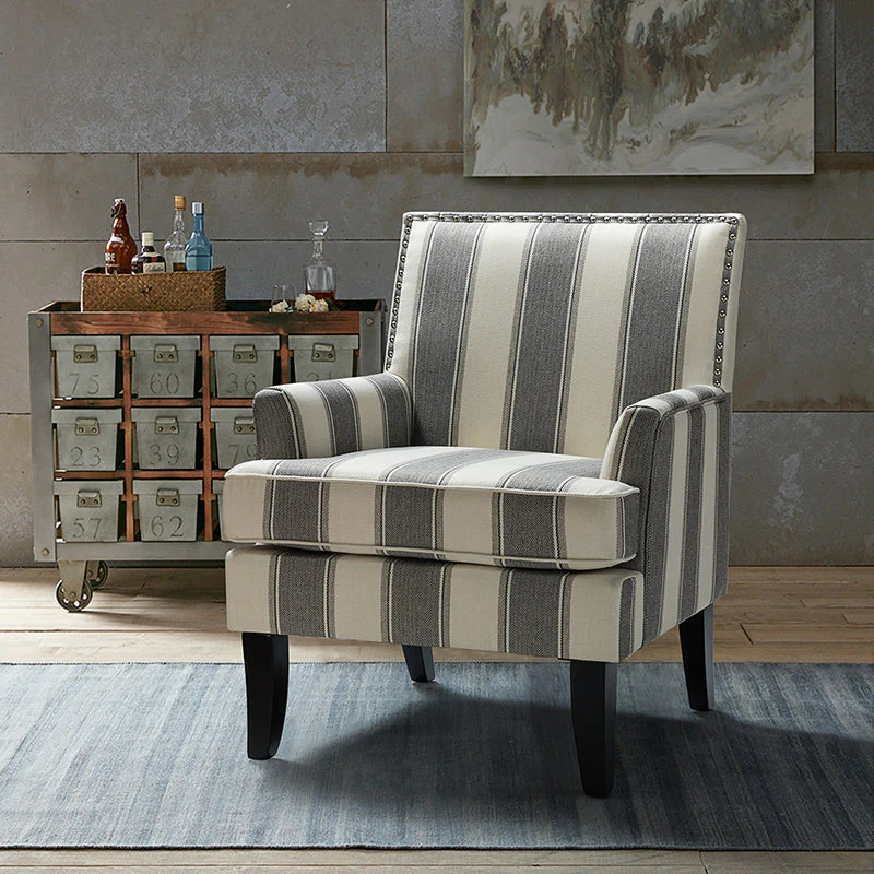Club Chair Armchair with Nailhead Trim, Track Arms & Removable Seat Cushion | Blue Floral / Grey Stripe / Blue Stripe / Buffalo Beige / Red Floral / Black Stripe / Orange / Red Stripe / Buffalo Navy / Buffalo Black | Single Seat