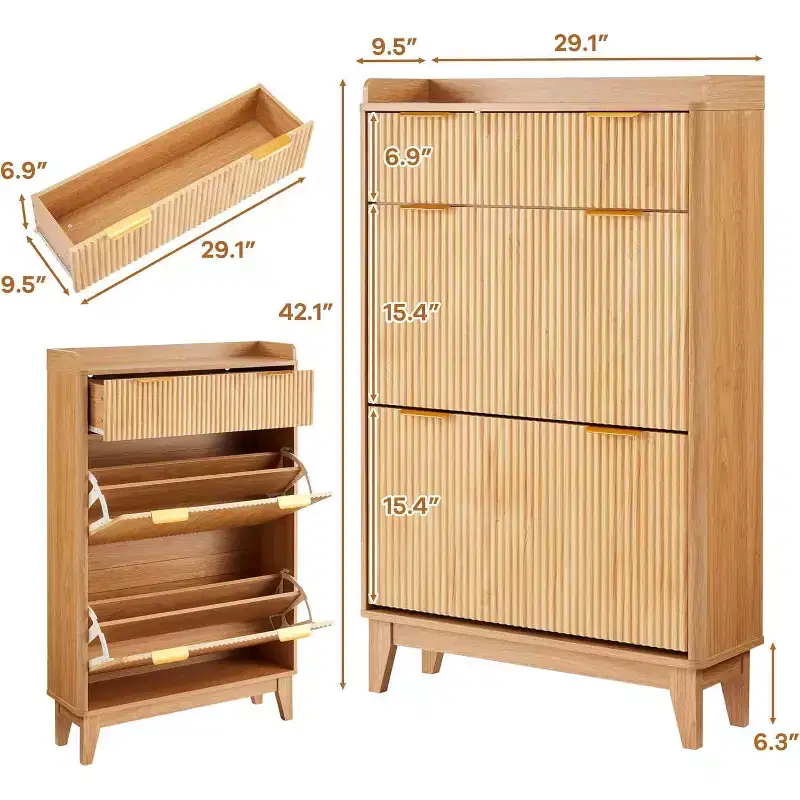 Narrow Fluted Shoe Cabinet, Modern Small Double Door Shoe Storage Organizer, Adjustable Shelves, for Home, Entryway