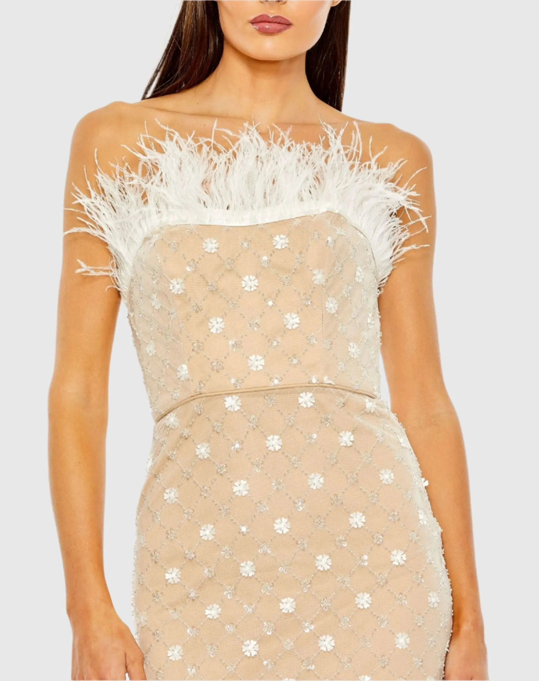 Beige Embellished Feather Strapless Column Dress