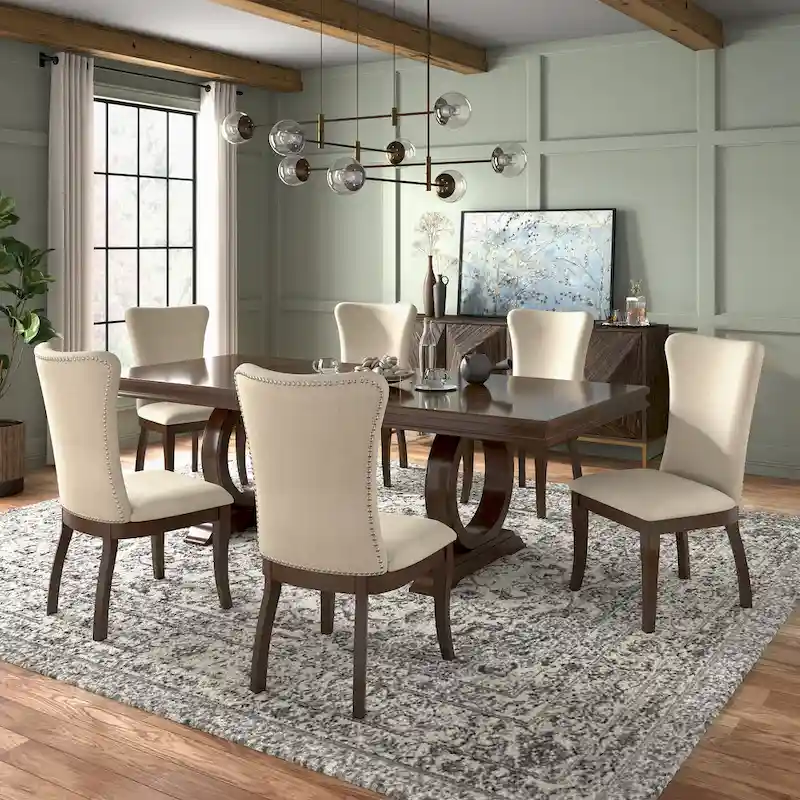 Dark Cherry Wood and Beige Fabric Extendable Dining Set