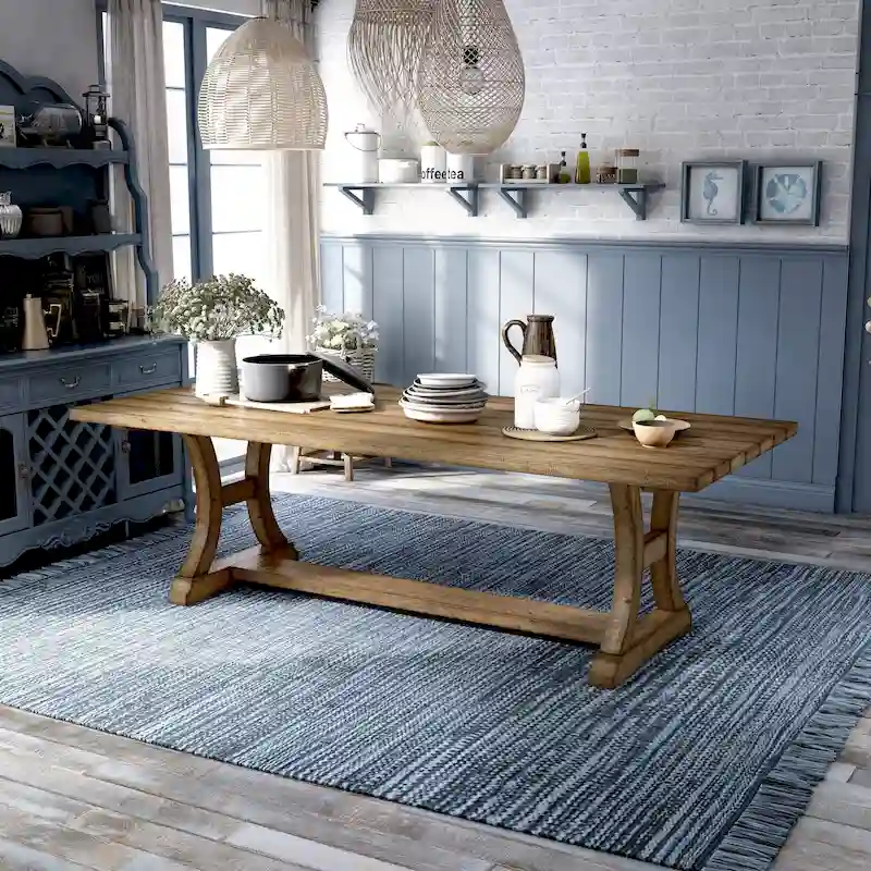Rustic Pine Solid Wood Dining Table | Trestle Base | C-Shaped Legs | Extendable up to 96