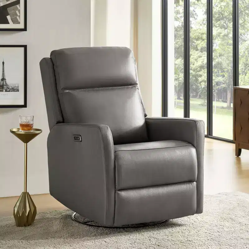 Mario Genuine Leather Transitional Power Recliner with USB Ports| ART OF LIVING DESIGNS-GREY