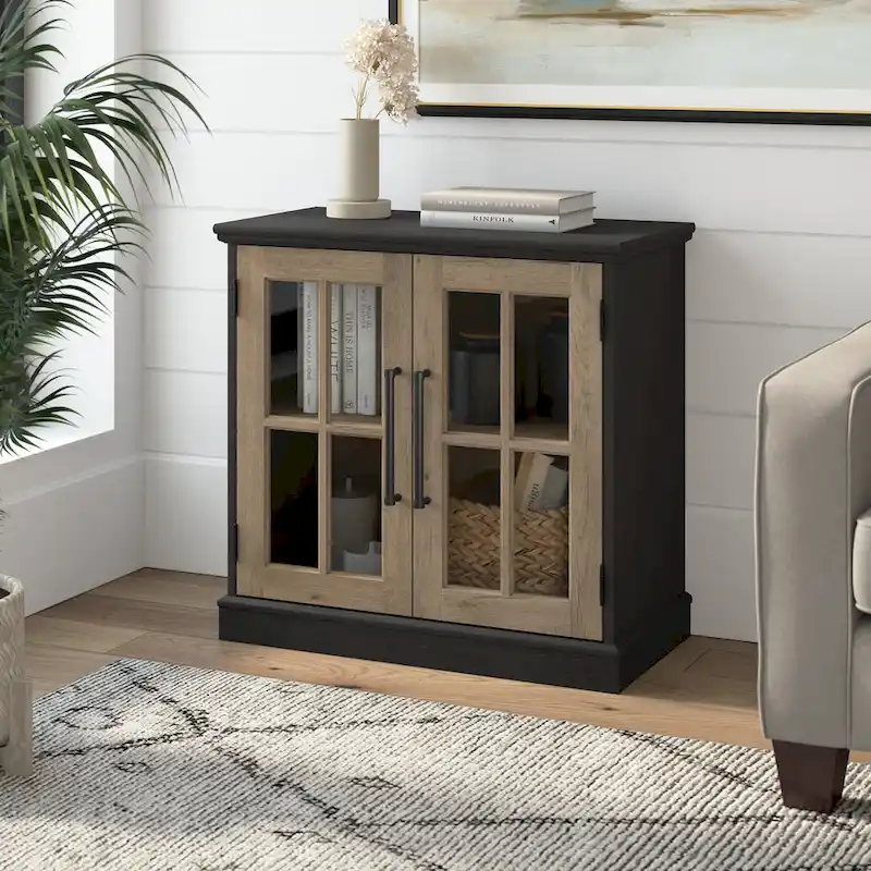 White Ash & Vintage Black Farmhouse Storage Cabinet with Glass Doors – 1 Door